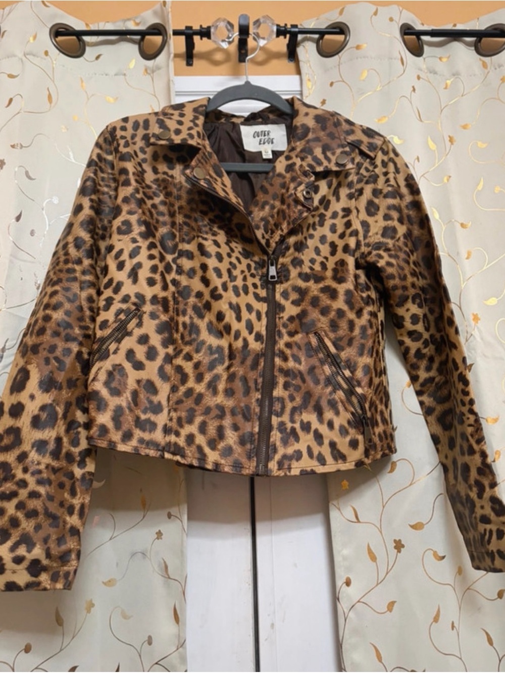 Outer Edge Leopard-Print Faux Leather Moto Jacket in Brown